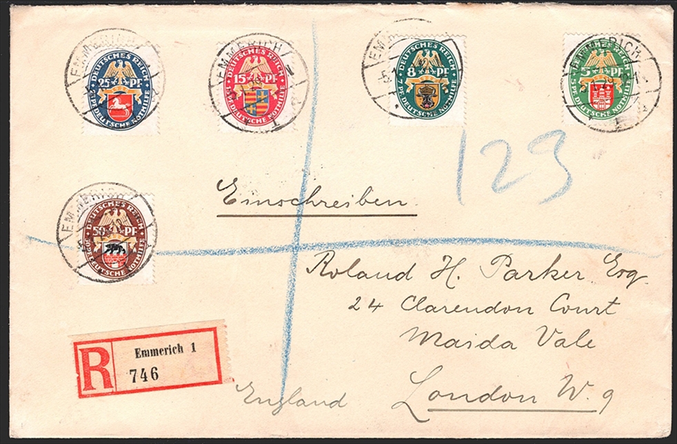Deutschland, Deutsches Reich, Nothilfe, Nr.425Y-429Y, komplette Serie, eingeschriebener Satzbrief nach London, gestempelt EMMERICH