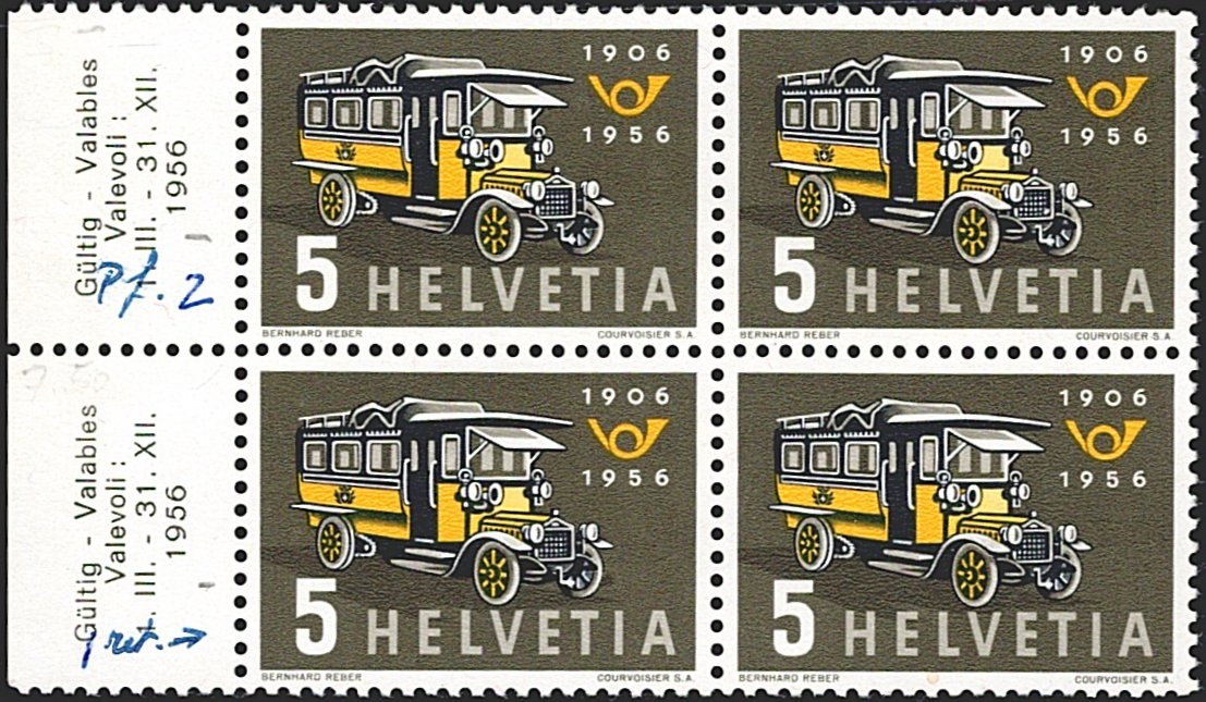 Schweiz, Abarten, Freimarken, Nr.324.3.01a/2.02a, Retouche beim Vorderrad und farbloser Punkt im Kühlergrill