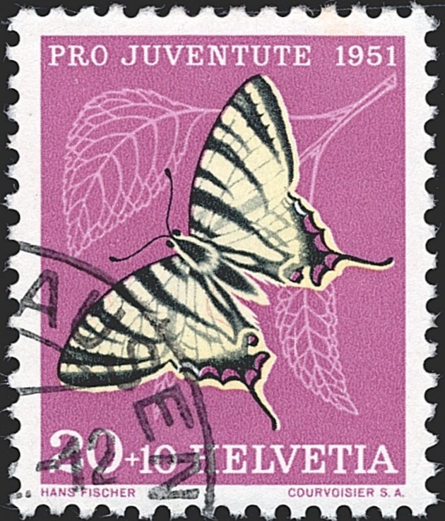 Schweiz, Abarten, Pro Juventute, Nr.140.4.02, Rasterfehler "Strich" im rechten unteren Blatt, gestempelt