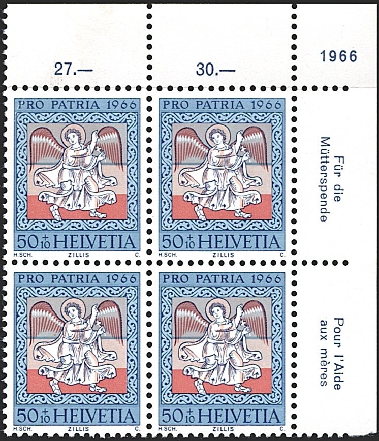 Schweiz, Abarten, Pro Patria, Nr.132.3.01, Retouche am Anstrich der 1 von 1966, Viererblock