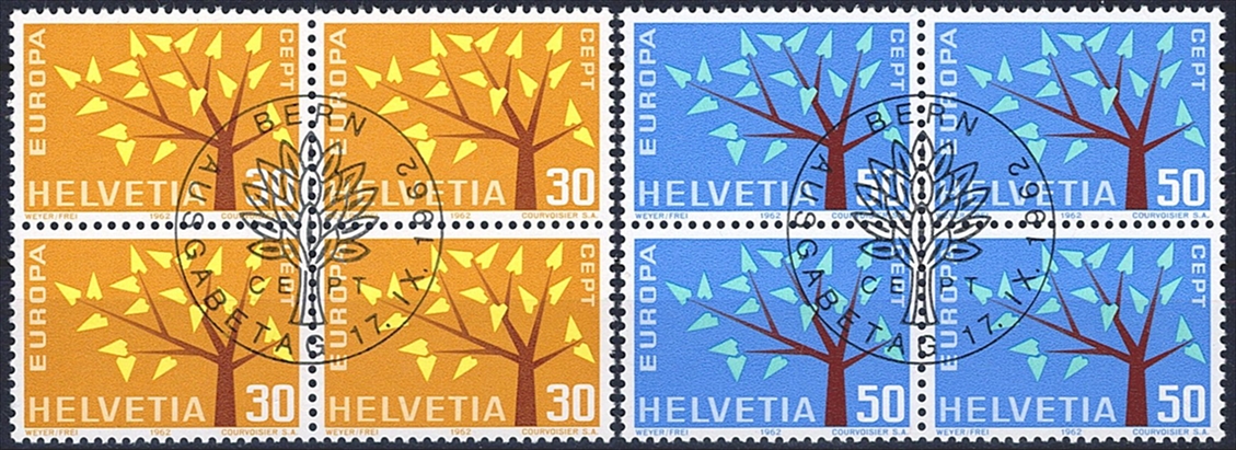 Schweiz, Freimarken, Nr.389-390, im Viererblock, ET-Stempel