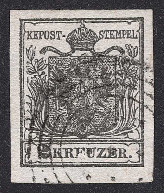 Österreich, Kaisertum, 2Kr. schwarz, Nr.2 H Ib, leicht unterlegte Mitte, Befund Ferchenbauer 2005
