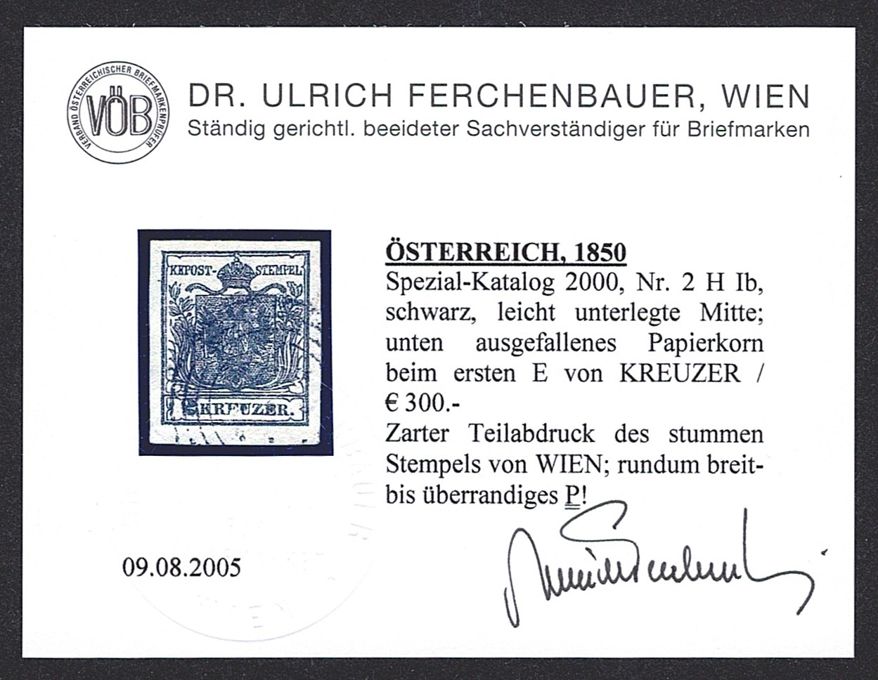 Österreich, Kaisertum, 2Kr. schwarz, Nr.2 H Ib, leicht unterlegte Mitte, Befund Ferchenbauer 2005 – Bild 2
