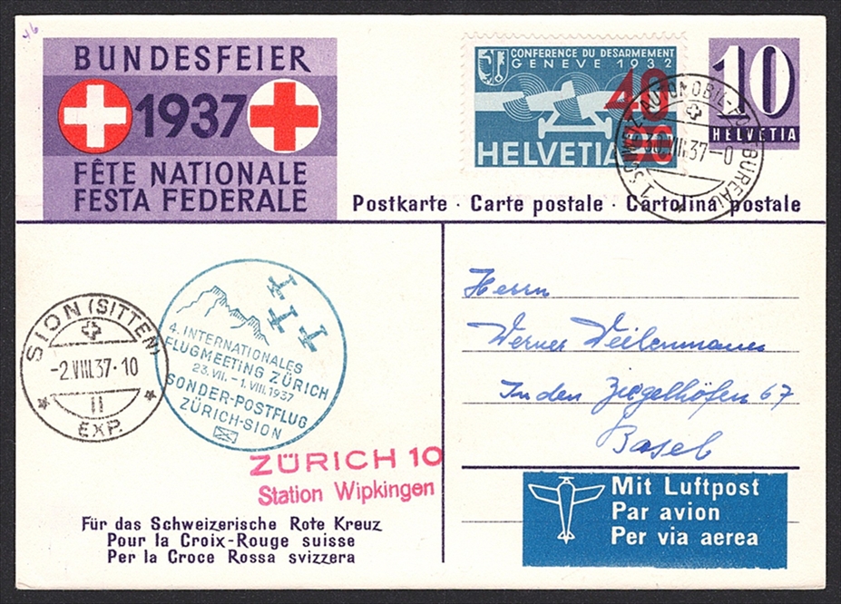 Schweiz, Bundesfeierkarten, 1937, Nr.65, mit Zusatzfrankatur mit Sonderflug SF 37.3 befördert