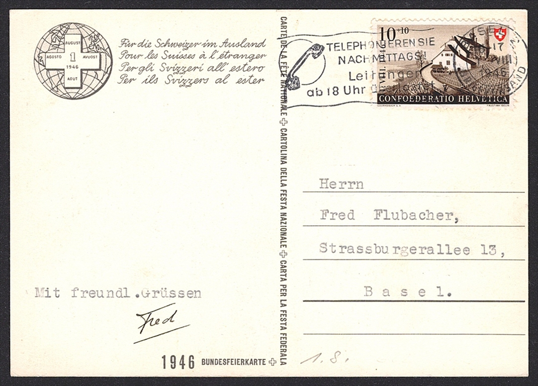 Schweiz, Bundesfeierkarten, 1946, Nr.82, Auswanderer, 1.VIII BASEL