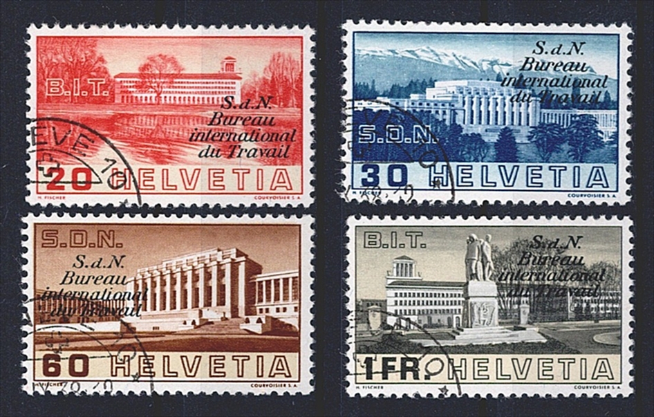 Schweiz, Dienstmarken, BIT, Nr.49-52, Völkerbundsgebäuder, komplette Serie, Eckstempel