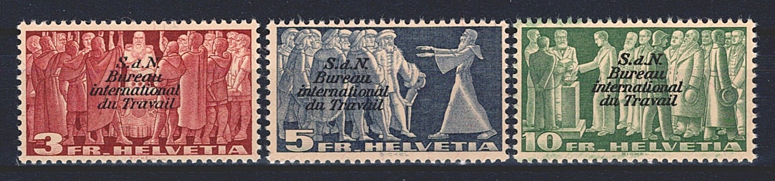 Schweiz, Dienstmarken, BIT, Nr.57-59, Symbolische Bilder, komplette Serie, Völkerbundsgebäuder, komplette Serie