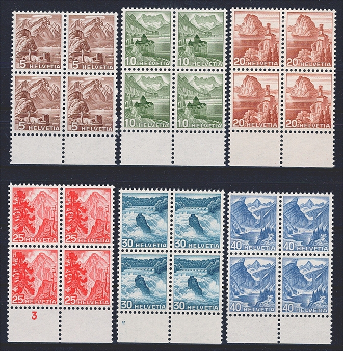 Schweiz, Freimarken, Nr.285-290, komplette Serie im Viererblock