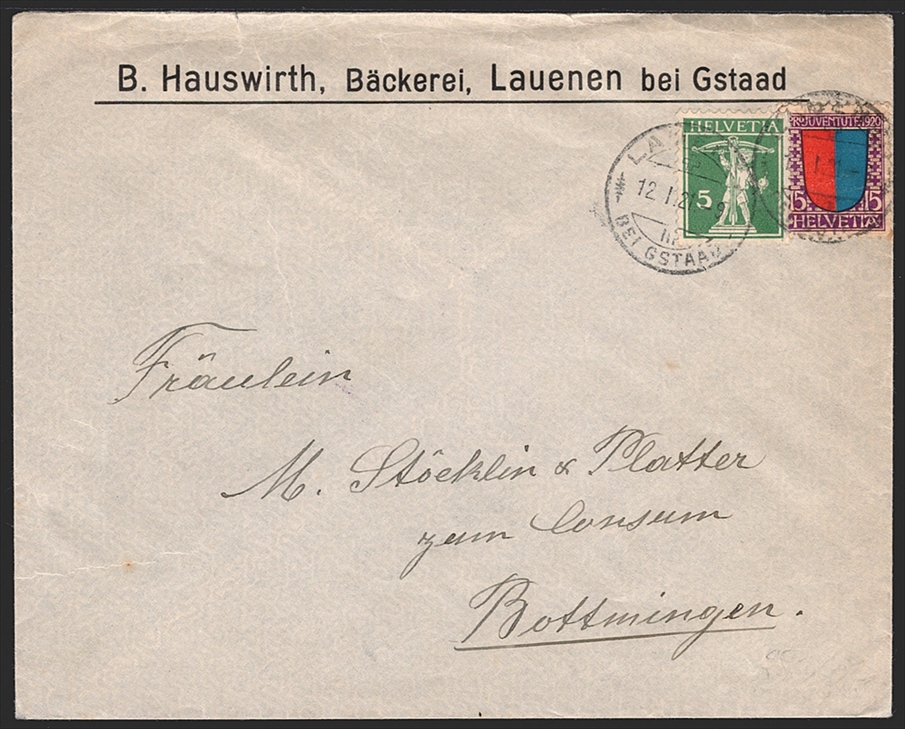 Schweiz, Pro Juventute, Nr.17, mit Zusatzfrankatur, LAUENEN