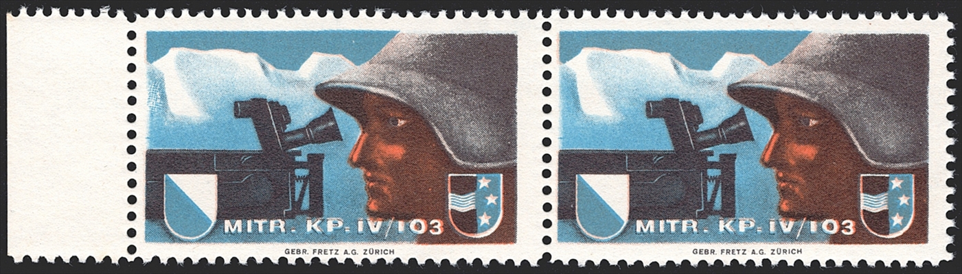 Schweiz, Soldatenmarken, Infanterie, Mitr.Kp.IV/103, Nr.499a, waagrechtes Paar mit Abart "Retouche im Schneehang"