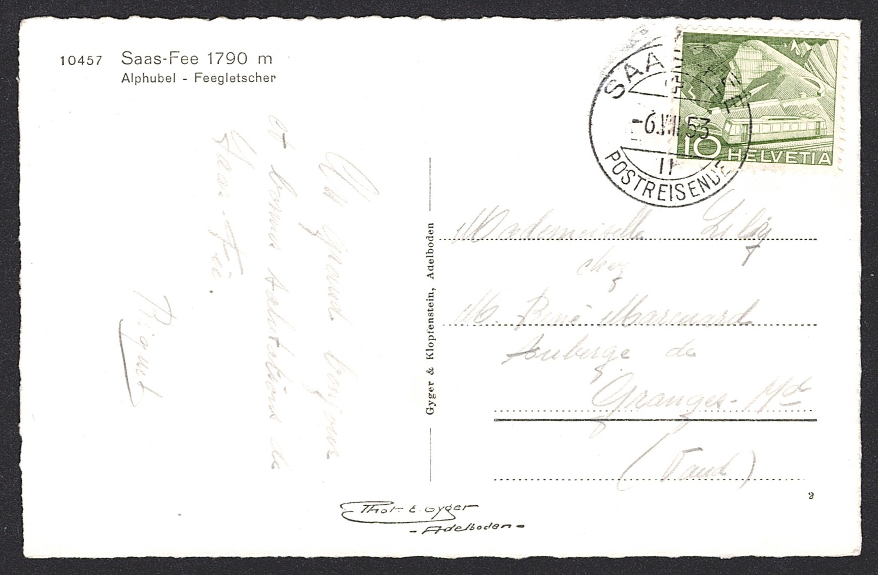 Schweiz, Stempel SAAS-FEE POSTREISENDE, auf Nr.299, auf passender Ansichtskarte