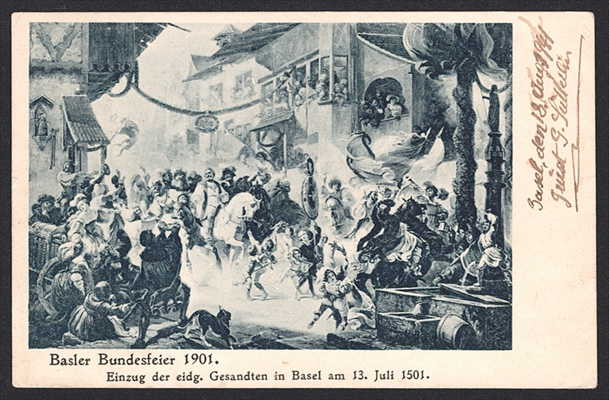 Ansichtskarten, BASLER BUNDESFEIER 1901, Karte 1941 als eingeschriebene Karte verwendet