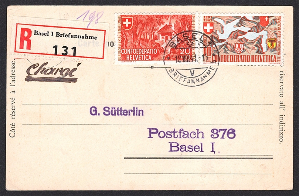 Ansichtskarten, BASLER BUNDESFEIER 1901, Karte 1941 als eingeschriebene Karte verwendet – Bild 2