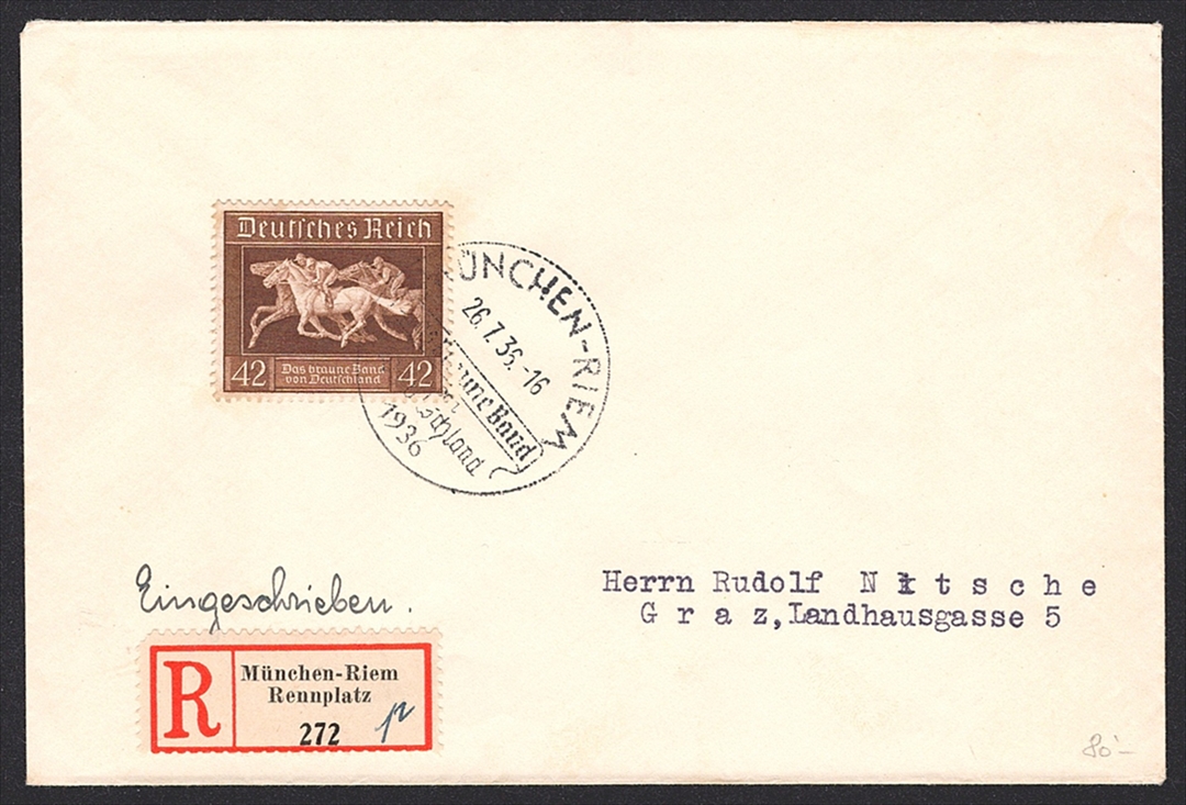 Deutschland, Deutsches Reich, Das braune Band, 1936, Nr.621 X, MÜNCHEN RIEM, R-Brief nach Graz