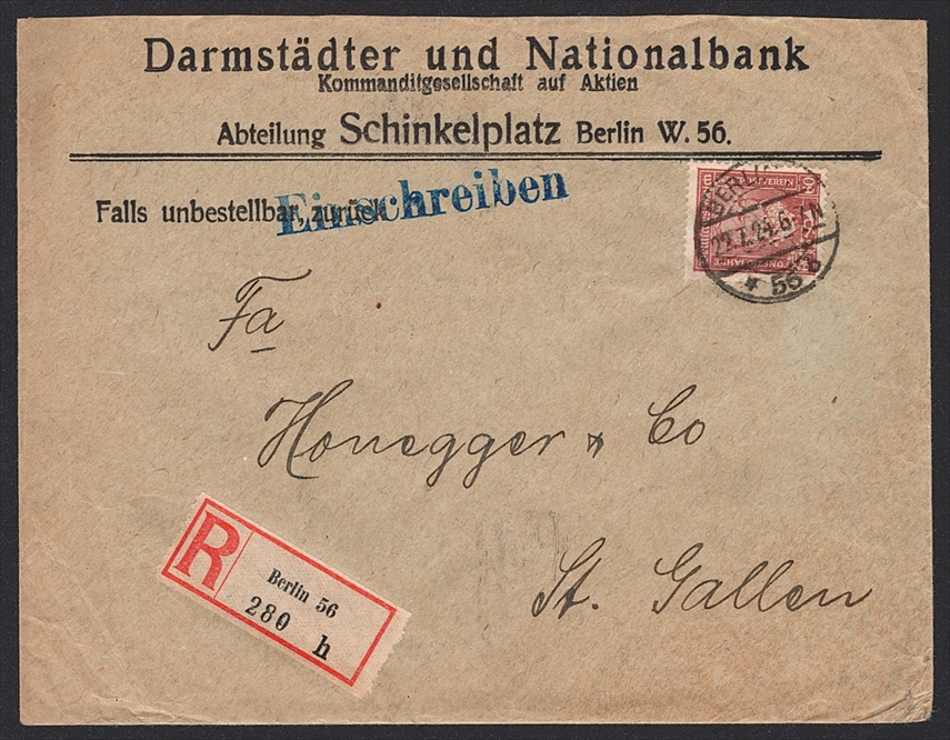 Deutschland, Deutsches Reich, Freimarken, Nr.362, auf R-Brief in die Schweiz, mit Firmenlochung, BERLIN