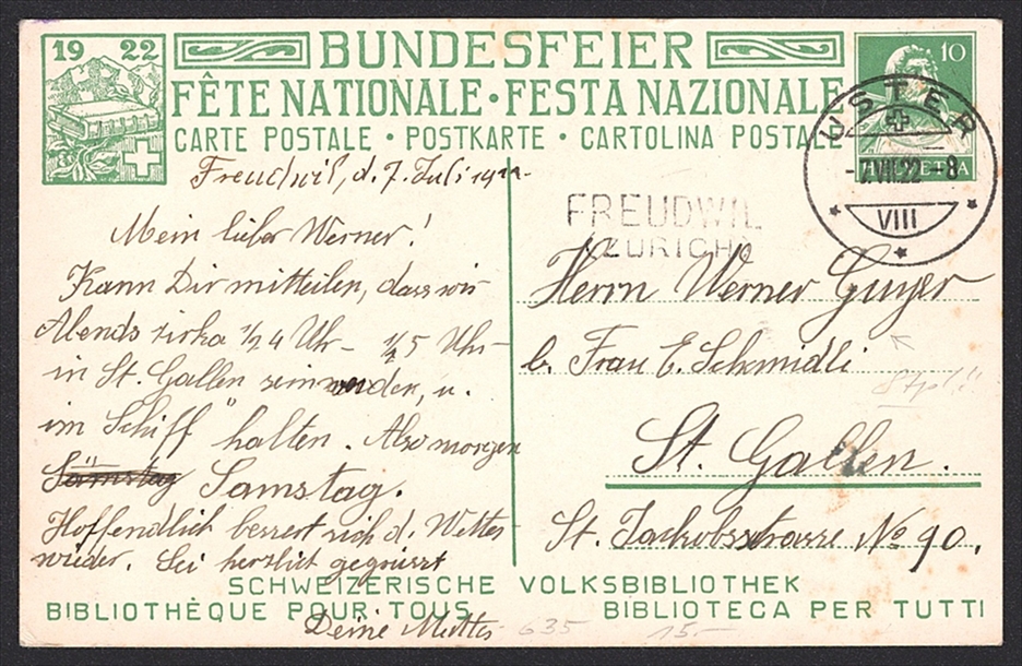 Schweiz, Abstempelungen, Stempel FREUDWIL (ZÜRICH),USTER, sauber auf Bundesfeierkarte Nr.35