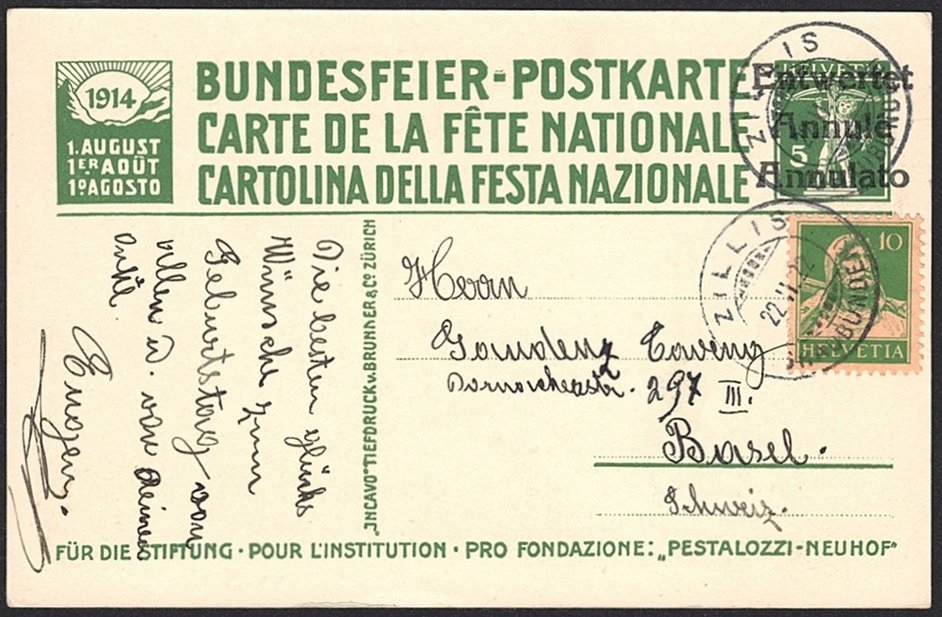 Schweiz, Bundesfeierkarten, 1911, Nr.11, Pestalozzis Gattin, "ENTWERTET", mit Nr.153, gestempelt ZILLIS