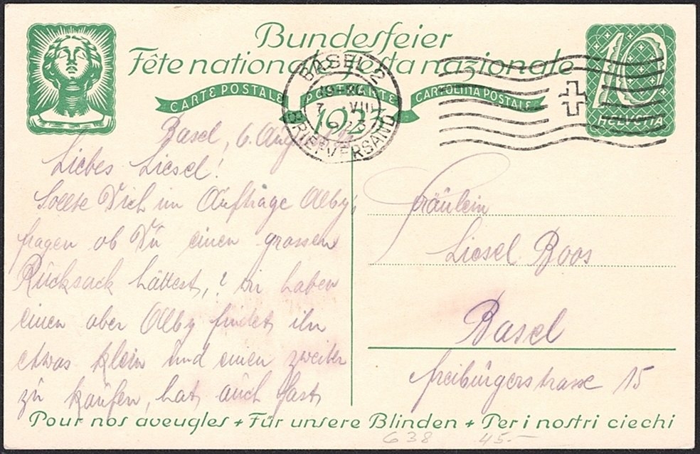 Schweiz, Bundesfeierkarten, 1923, Augustfeuer, Nr.38, gestempelt BASEL