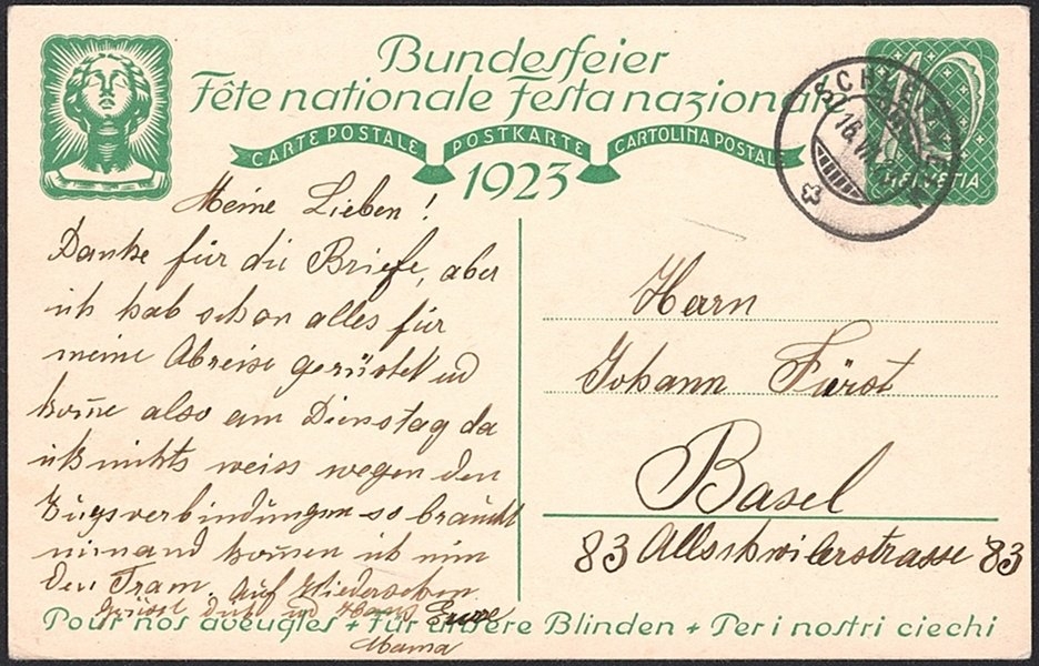 Schweiz, Bundesfeierkarten, 1923, Augustfeuer, Nr.38, gestempelt SCHLEITHEIM