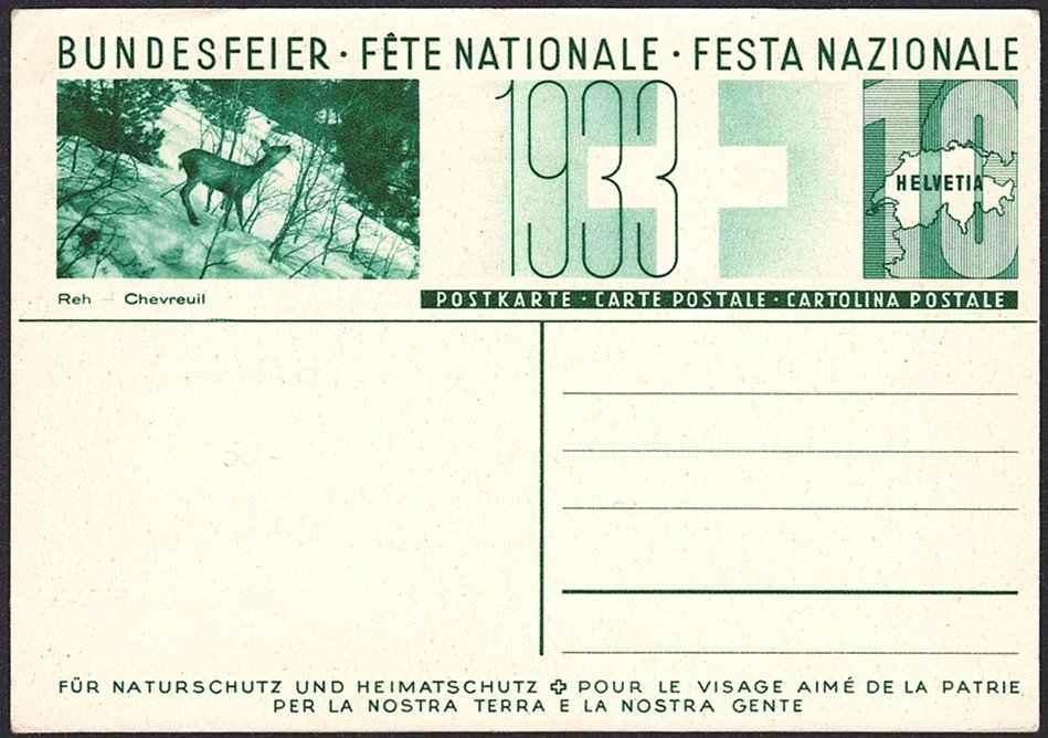 Schweiz, Bundesfeierkarten, 1933, Walliserin, Nr.57m, Bild "Reh"