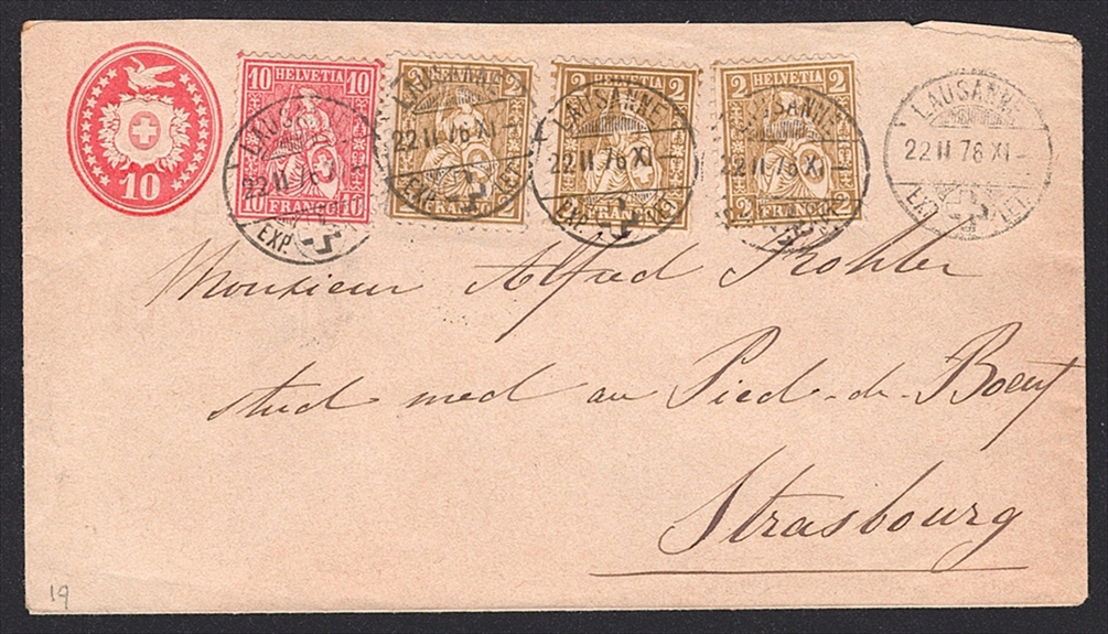 Schweiz, Frankaturen, Sitzende Helvetia, Nr.37/38, auf 10Rp.Tübeli-Brief nach STRASSBURG/F, gestempelt LAUSANNE, ungewöhnliche Frankatur, rückseitige Klappe fehlt
