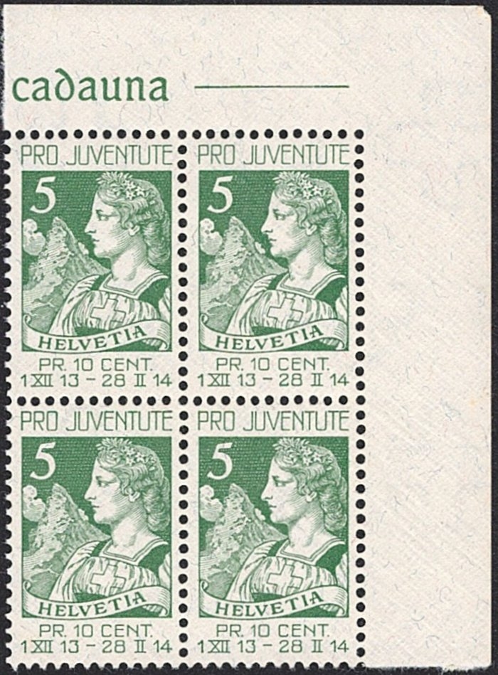 Schweiz, Pro Juventute, Nr.1, Helvetia, im Viererblock, Bogenecke