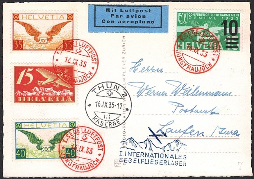 Schweiz, Sonderflüge, SF-Nr.35.5f, Segelluftpost Jungfraujoch, bis Thun, Ansichtskarte mit guter Frankatur