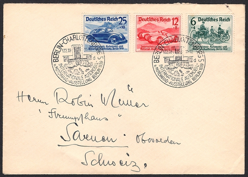 Deutschland, Deutsches Reich, Automobilausstellung, 1939, Nr.685-688, komplette Serie, Sonderstempel, auf FDC in die Schweiz
