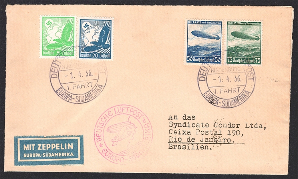 Deutschland, Zeppelin, 1.Südamerika-Fahrt 1936, Aufgabe Bordpost, nach Rio adressiert