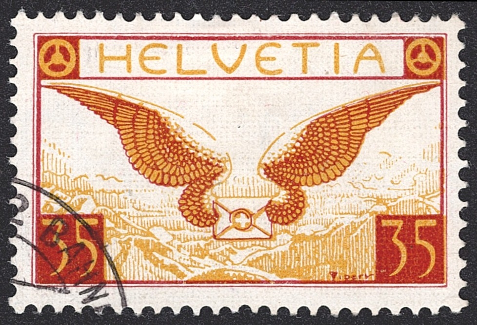 Schweiz, Flugpost, Nr.14z, Brieftaube, geriffeltes Papier, Eckstempel