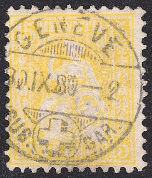 Schweiz, Sitzende Helvetia, Nr.39, 15Rp.gelb, gestempelt GENEVE