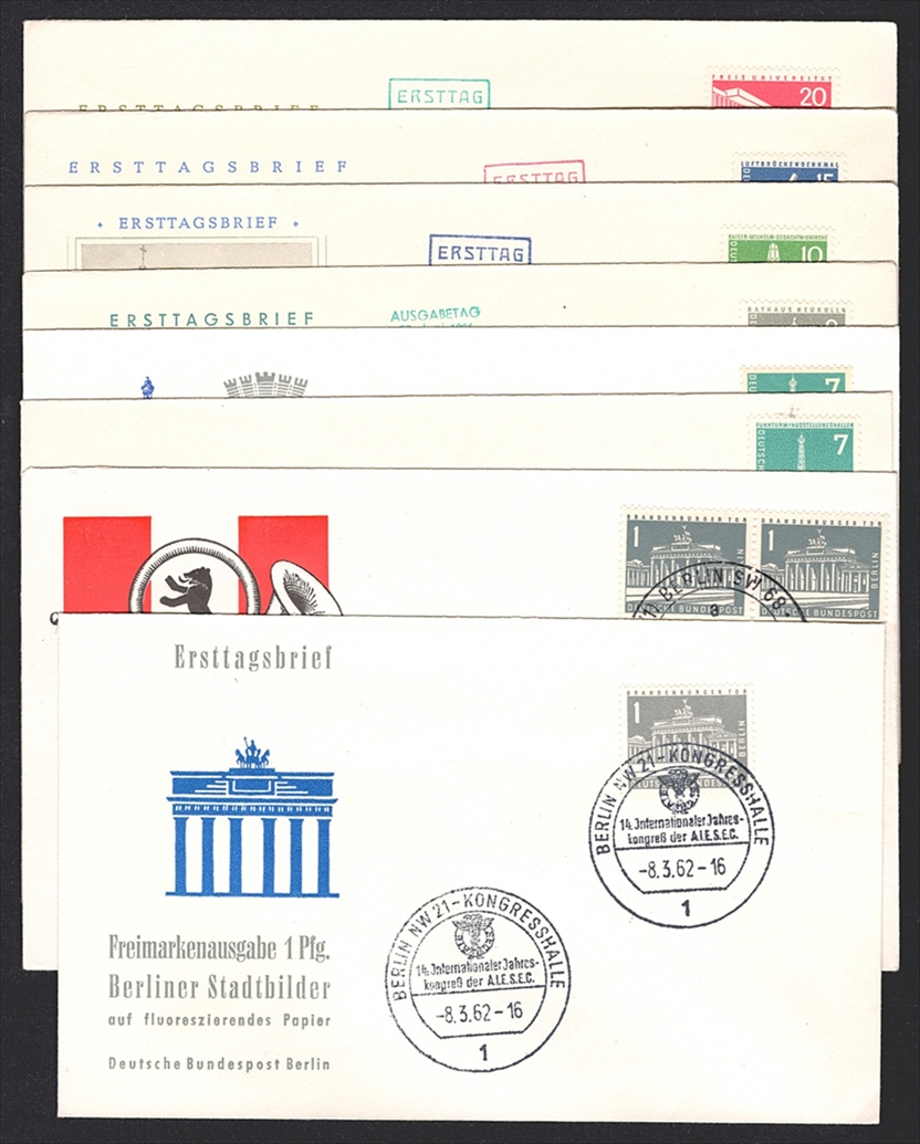 Deutschland, Berlin 1956/62 Nr. 140 bis 146 "Berliner Stadtbilder" auf 8 Briefen - FDC