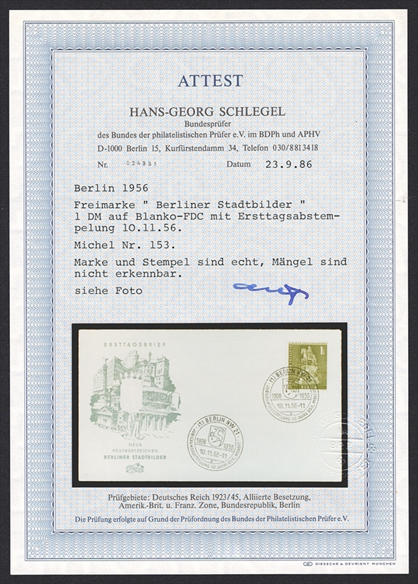 Deutschland, Berlin 1956 Nr. 153 "Berliner Stadtbilder" auf Brief - FDC mit Attest – Bild 3