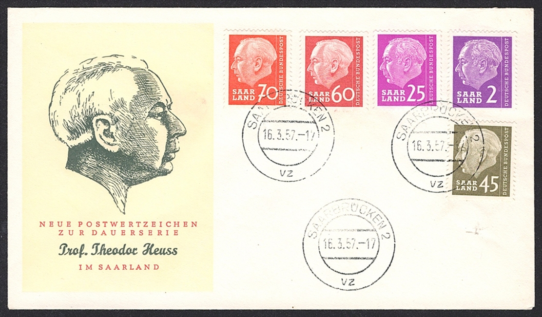 Deutschland, Saarland (BRD) 1957 Nr. 381, 383, 385, 386, 390, 392, 394, 395, 397 auf 2 Briefen - FDC – Bild 4