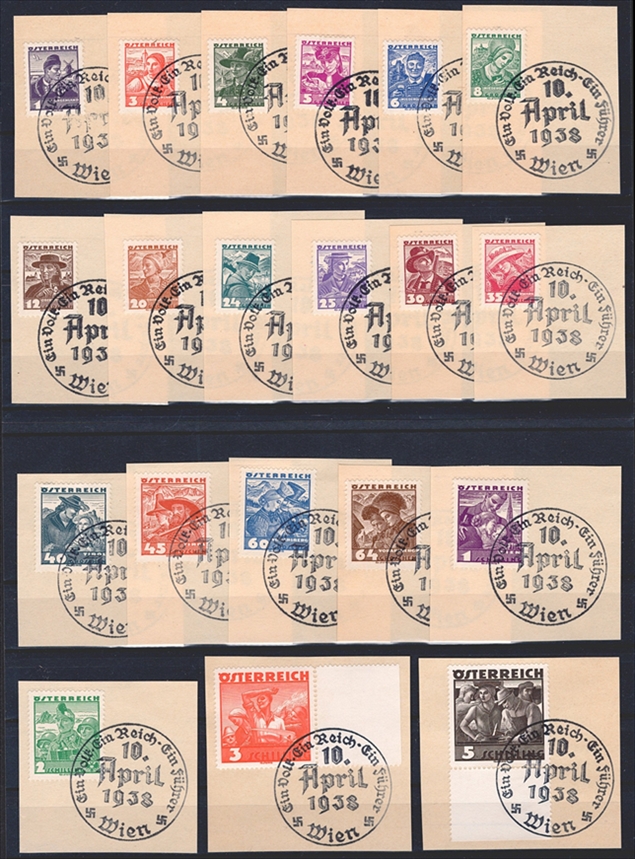 Österreich 1934/36 - Serie ANK Nr. 567/87 "Österreichische Volkstrachten" sauber gestempelt auf Briefstücken