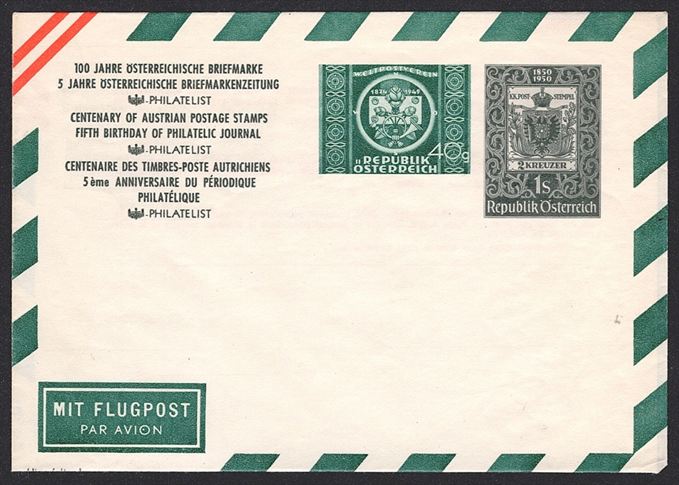 Österreich ca. 1950 - ANK Nr. 955 und 962 auf privat gedrucktem Flugpost Briefumschlag