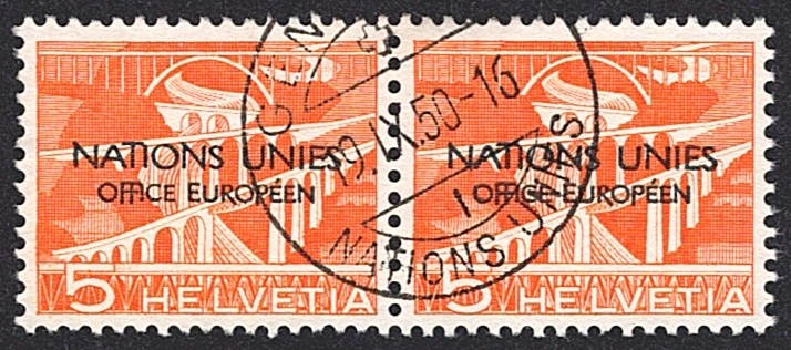 Schweiz, Dienstmarken, DVII, OFFICE EUROPEEN, Nr.1.Ab.3, 5Rp., defektes A in NATIONS, im waagrechten Paar