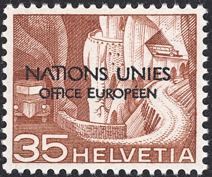 Schweiz, Dienstmarken, DVII, OFFICE EUROPEEN, Nr.7.Ab.3, 35Rp., defektes A in NATIONS