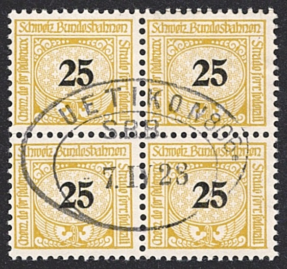 Schweiz, Eisenbahnmarken, 25Rp.olivgelb/schwarz, Nr.29, im Viererblock, UETIKON