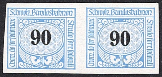 Schweiz, Eisenbahnmarken, 90Rp.hellblau/schwarz, Nr.51, ungezähnt, waagrechtes Paar