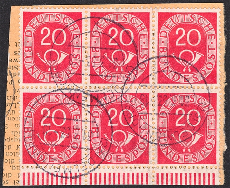 Deutschland, BRD, Nr.130, Posthorn, 20Pfg., 6er-Block aus Bogen mit Bogenrand, auf Ausschnitt, gestempelt DELMENHORST