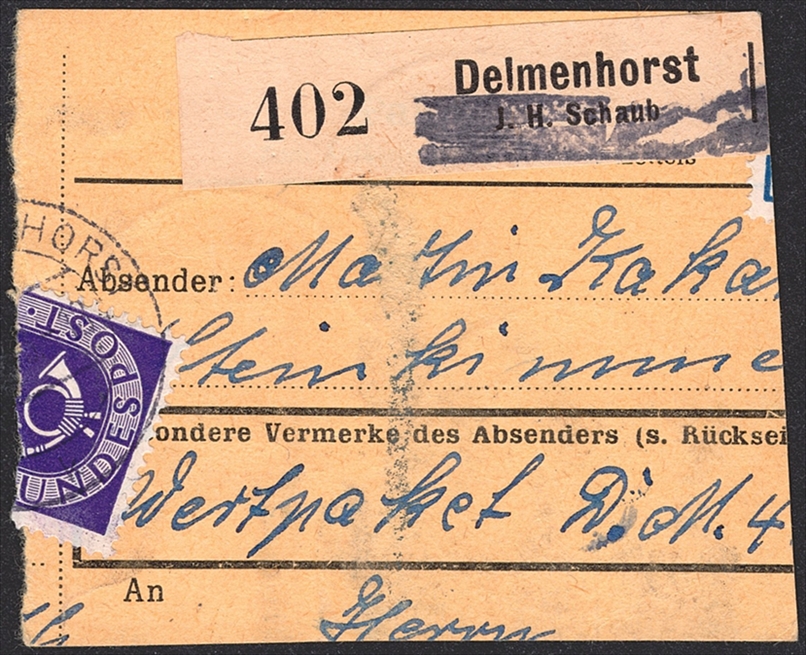 Deutschland, BRD, Nr.130, Posthorn, 20Pfg., 6er-Block aus Bogen mit Bogenrand, auf Ausschnitt, gestempelt DELMENHORST – Bild 2