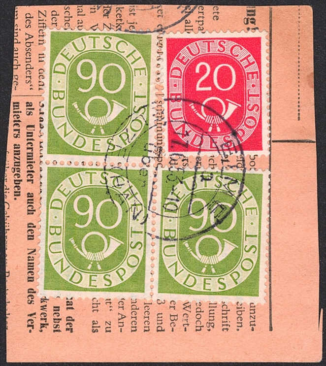 Deutschland, BRD, Nr.138, Posthorn, 90Pfg., waagrechtes Paar aus Bogen, auf Ausschnitt, gestempelt EIME
