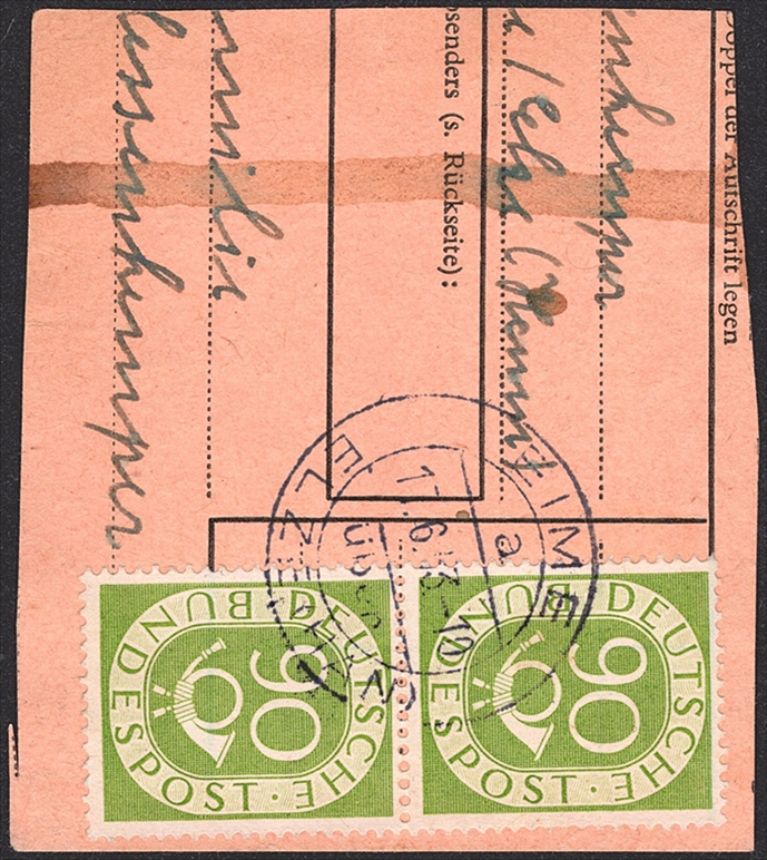 Deutschland, BRD, Nr.138, Posthorn, 90Pfg., waagrechtes Paar aus Bogen, auf Ausschnitt, gestempelt EIME – Bild 2