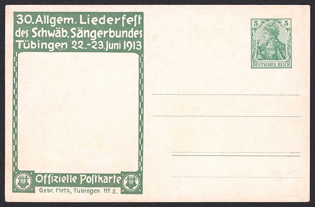 Deutschland, Deutsches Reich, Privatganzsachen, 1913, 30.Allgemeines Liederfest des Schäbischen Sängerbundes TÜBINGEN 22.-23.Juni 1913 – Bild 2