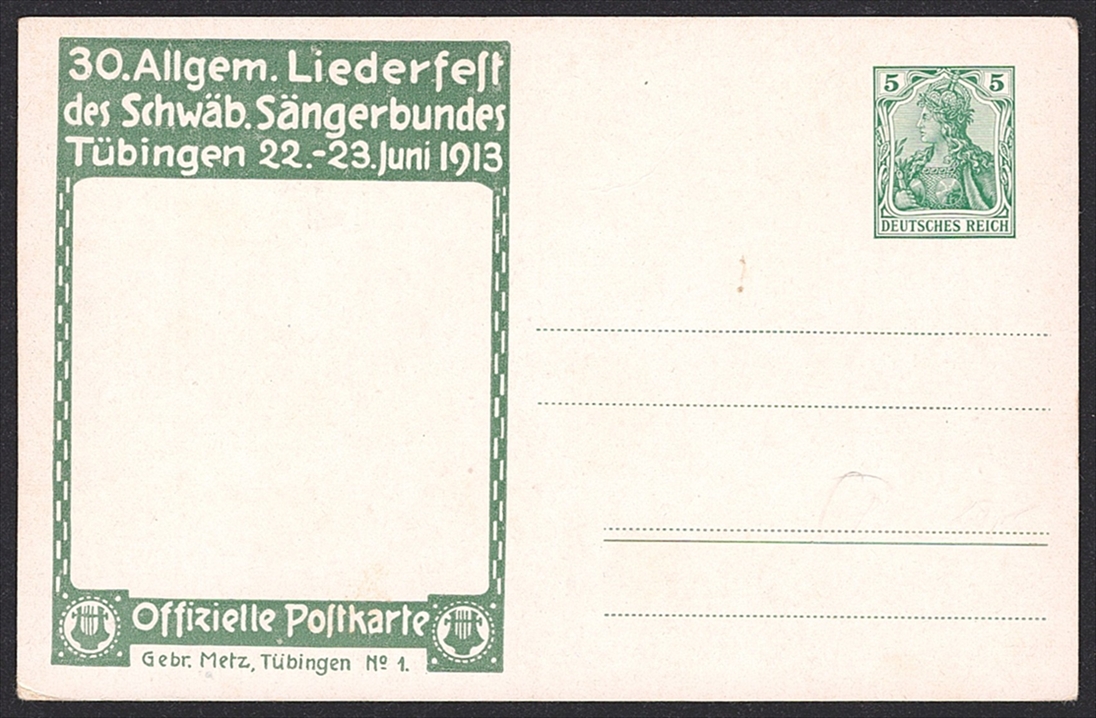 Deutschland, Deutsches Reich, Privatganzsachen, 1913, 30.Allgemeines Liederfest des Schäbischen Sängerbundes TÜBINGEN 22.-23.Juni 1913 – Bild 2