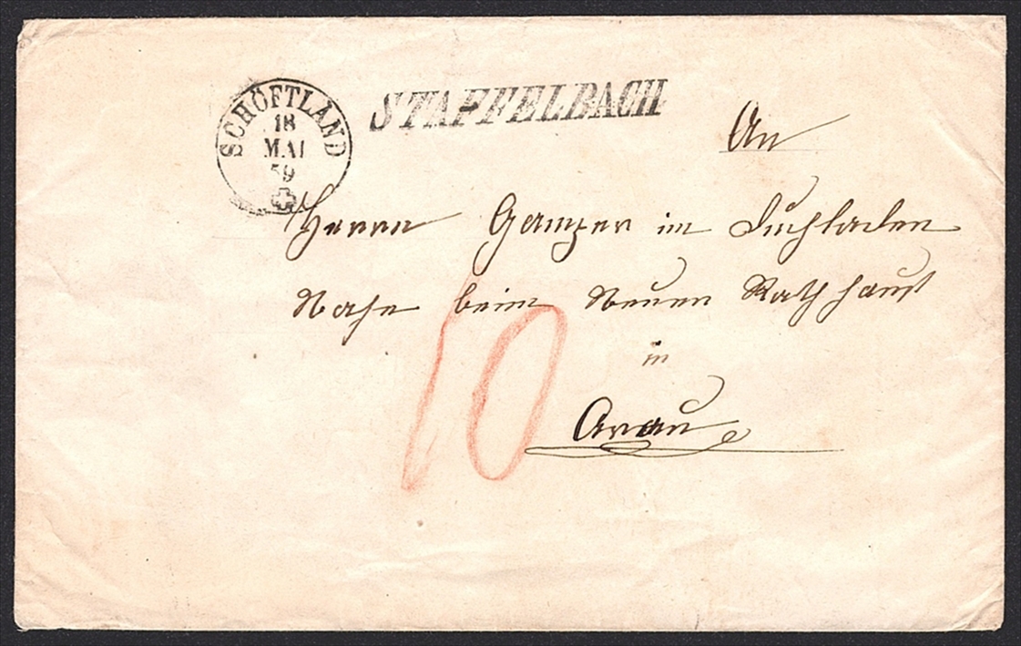 Schweiz, Abstempelungen, Postgeschichte, taxierter Brief, STAFFELBACH, Gr.40/SCHÖFTLAND Gr.104, nach Aarau