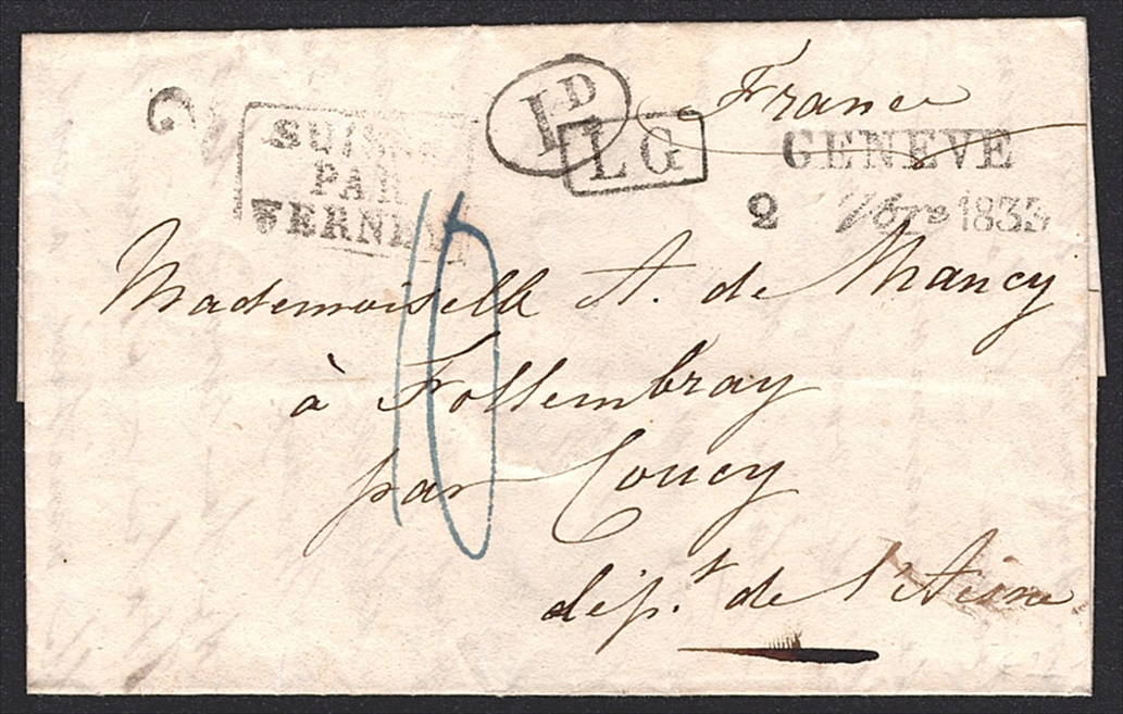 Schweiz, Abstempelungen, Postgeschichte, taxierter Faltbrief, GENEVE 2 7bre 1833/SUISSE PAR FERNEY/1.D/LG, nach nach Frankreich