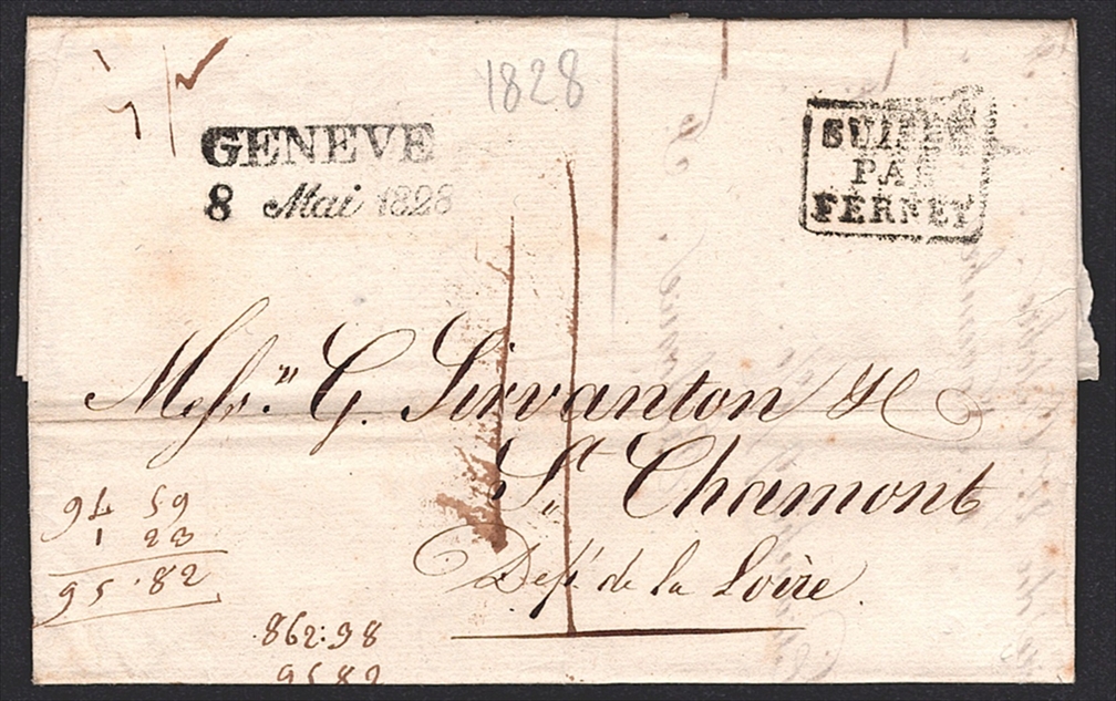 Schweiz, Abstempelungen, Postgeschichte, taxierter Faltbrief, GENEVE 8 Mai 1828, Wi.2623/SUISSE PAR FERNEY, nach St-Chamont