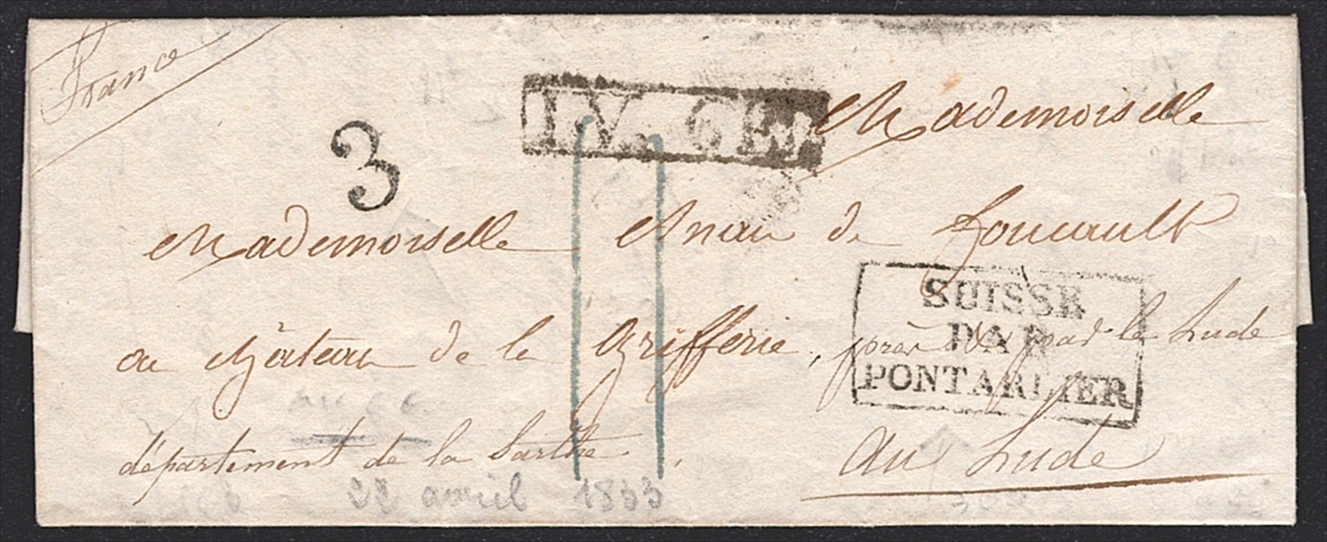Schweiz, Abstempelungen, Postgeschichte, taxierter Faltbrief ab Fribourg, SUISSE PAR PONTARLIER/3/LV 6, nach Le Lude Frankreich